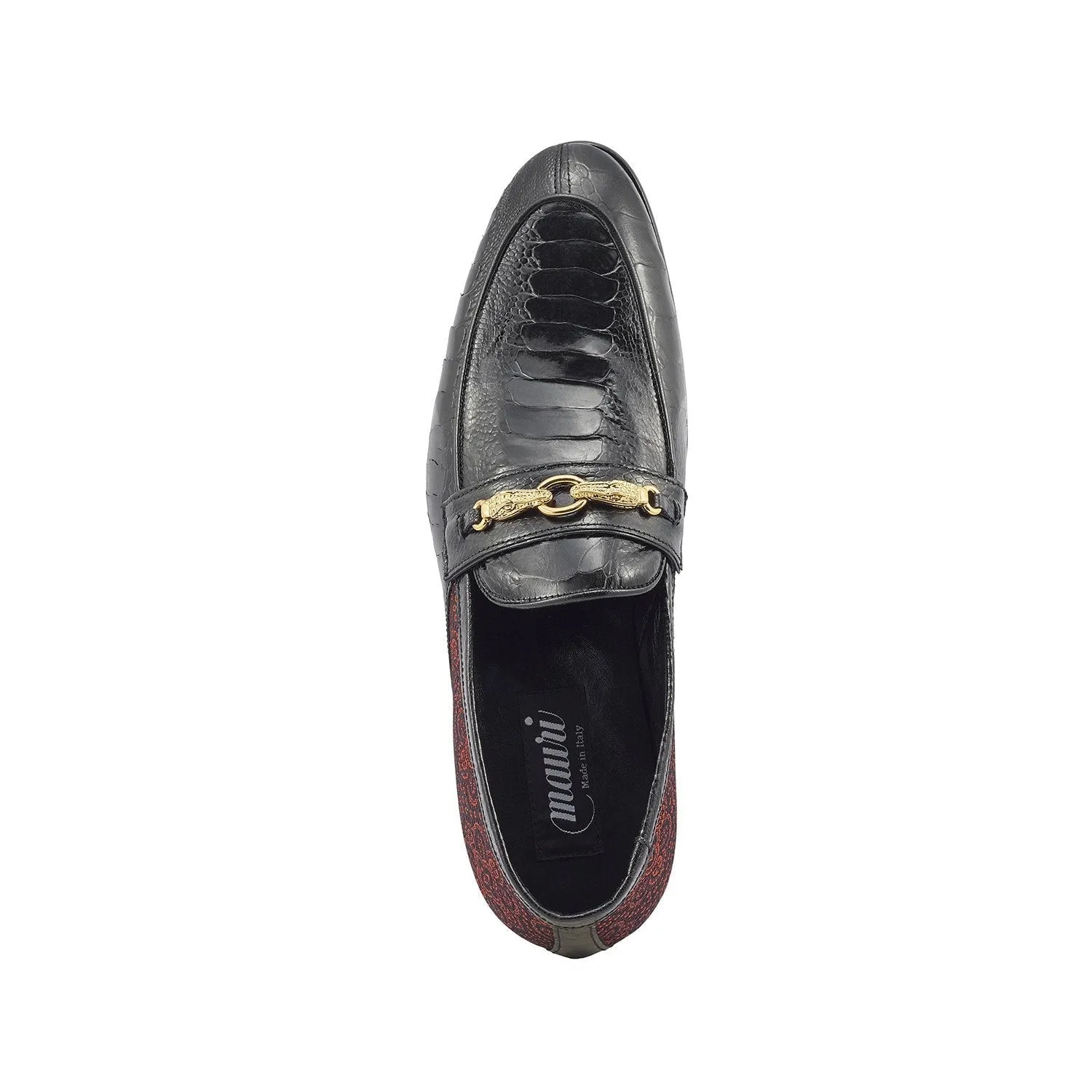 Mauri Monet in Black / Coral Red Mens Exotic Ostrich Leg / Matahari Fabric Horsebit Loafers