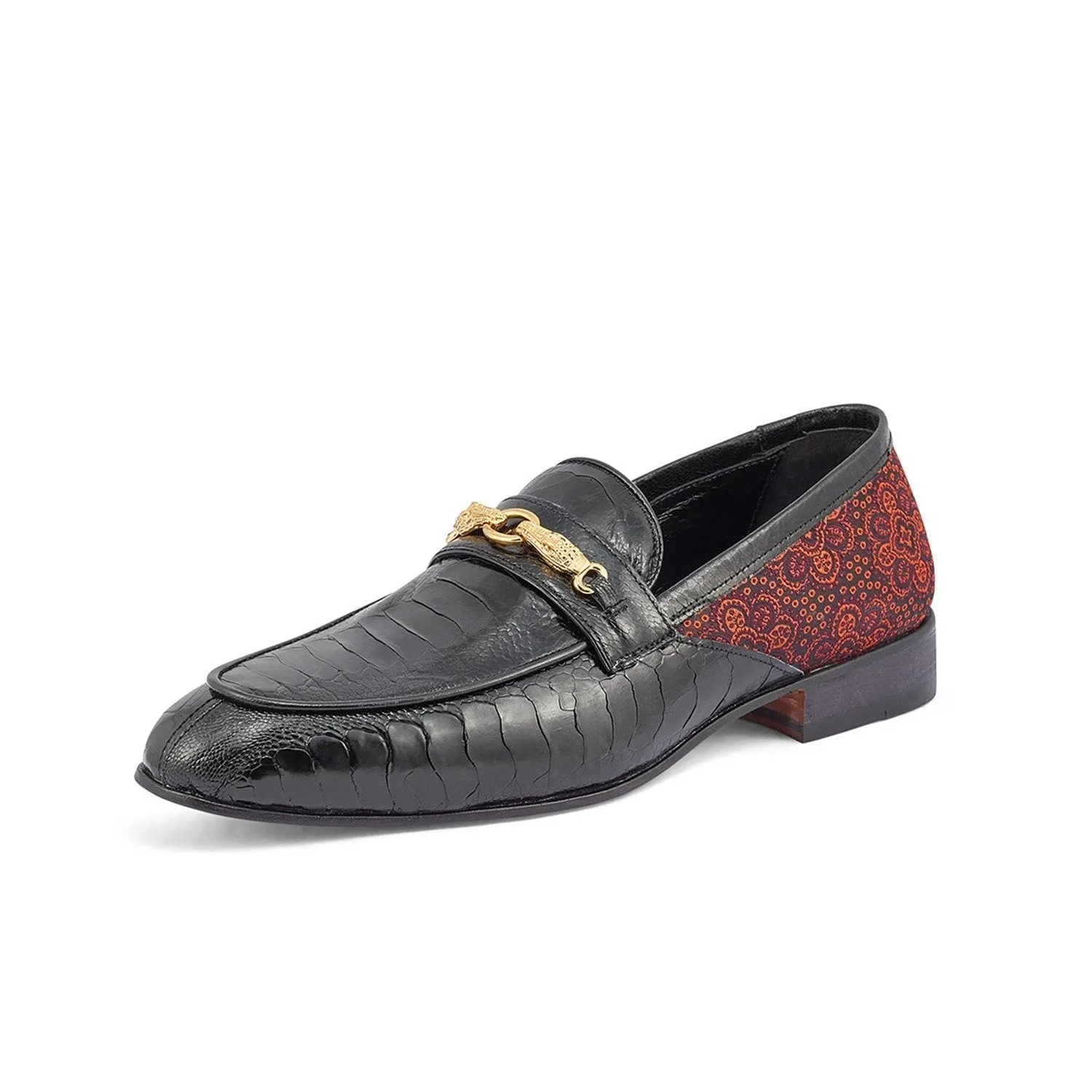Mauri Monet in Black / Coral Red Mens Exotic Ostrich Leg / Matahari Fabric Horsebit Loafers