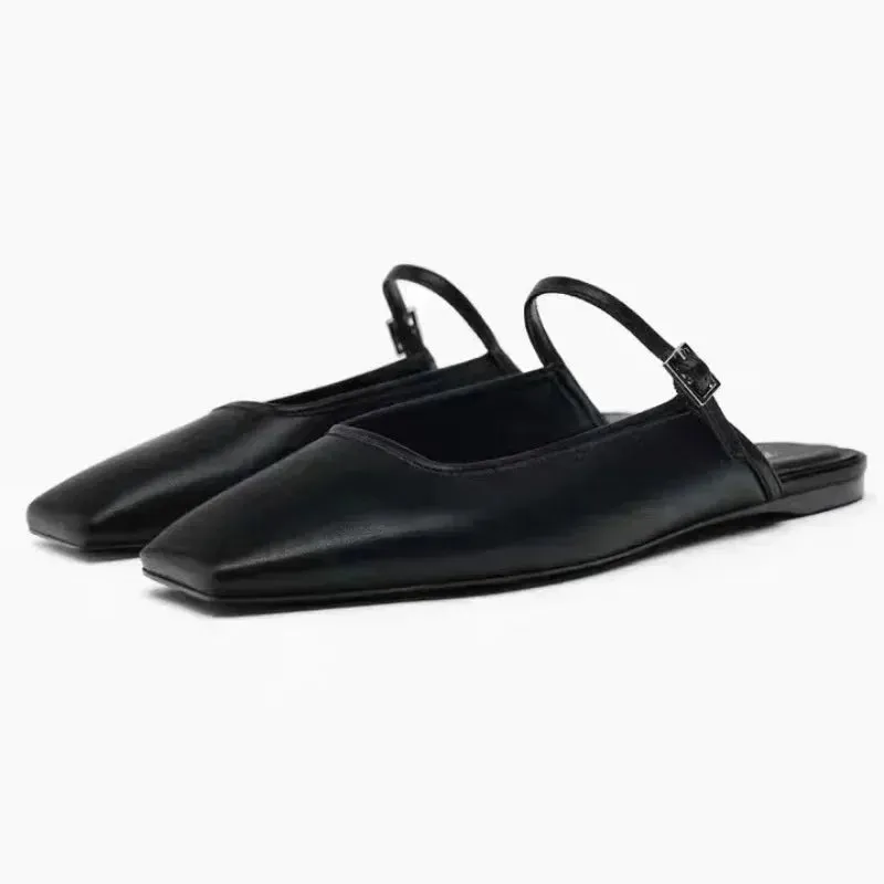 New Women Flats 2025 Square Toe Buckle Strap Breathable Mules Satin Leisure Slingbacks Chic Fashion Designer Shoes for Ladies