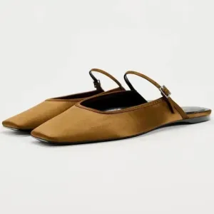 New Women Flats 2025 Square Toe Buckle Strap Breathable Mules Satin Leisure Slingbacks Chic Fashion Designer Shoes for Ladies
