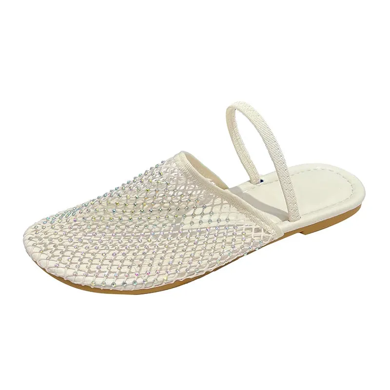 Nude Color Fishnet Mule Slides Woman Luxury Rhinestone Mesh Flat Sandals Ladies Summer Casual Net Shoes Plus Size