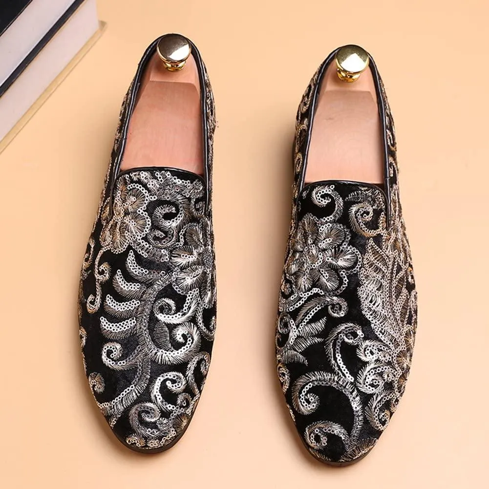 NXY Men's Loafers Velvet Sequins Embroidered Smoking Slippers