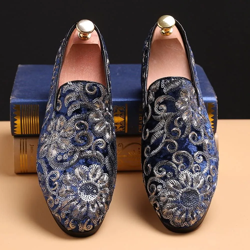 NXY Men's Loafers Velvet Sequins Embroidered Smoking Slippers