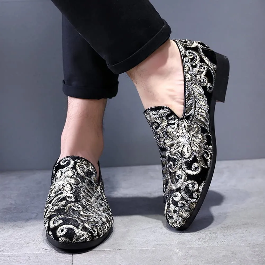 NXY Men's Loafers Velvet Sequins Embroidered Smoking Slippers