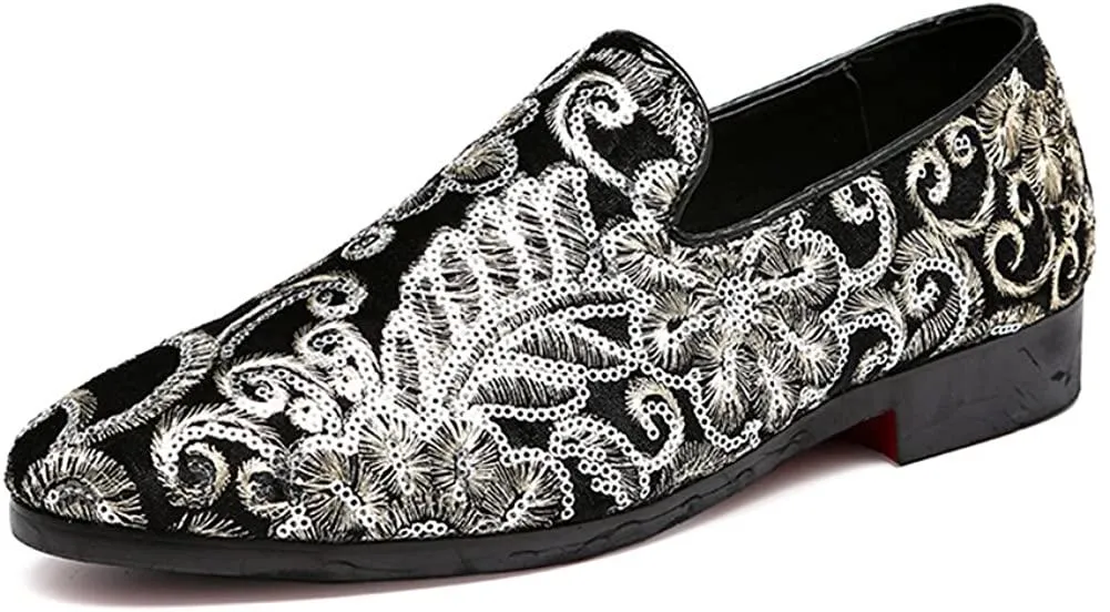 NXY Men's Loafers Velvet Sequins Embroidered Smoking Slippers