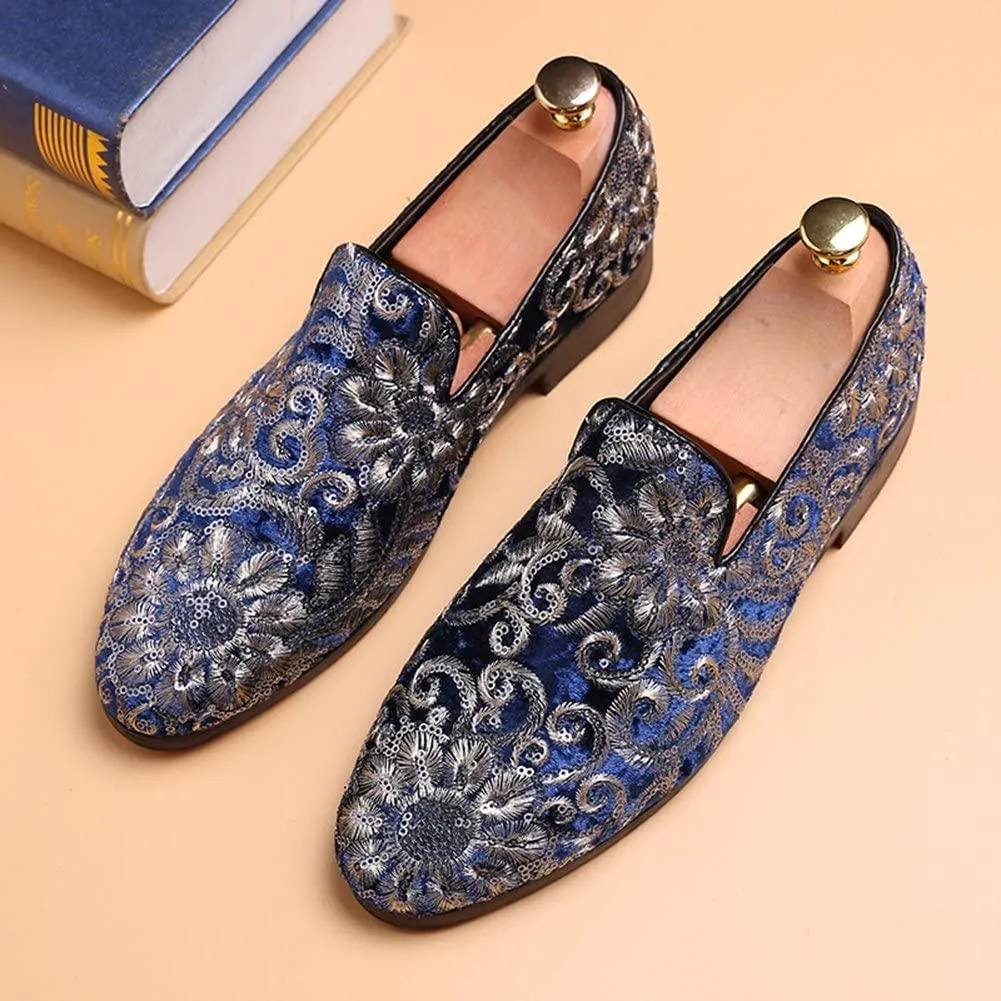 NXY Men's Loafers Velvet Sequins Embroidered Smoking Slippers