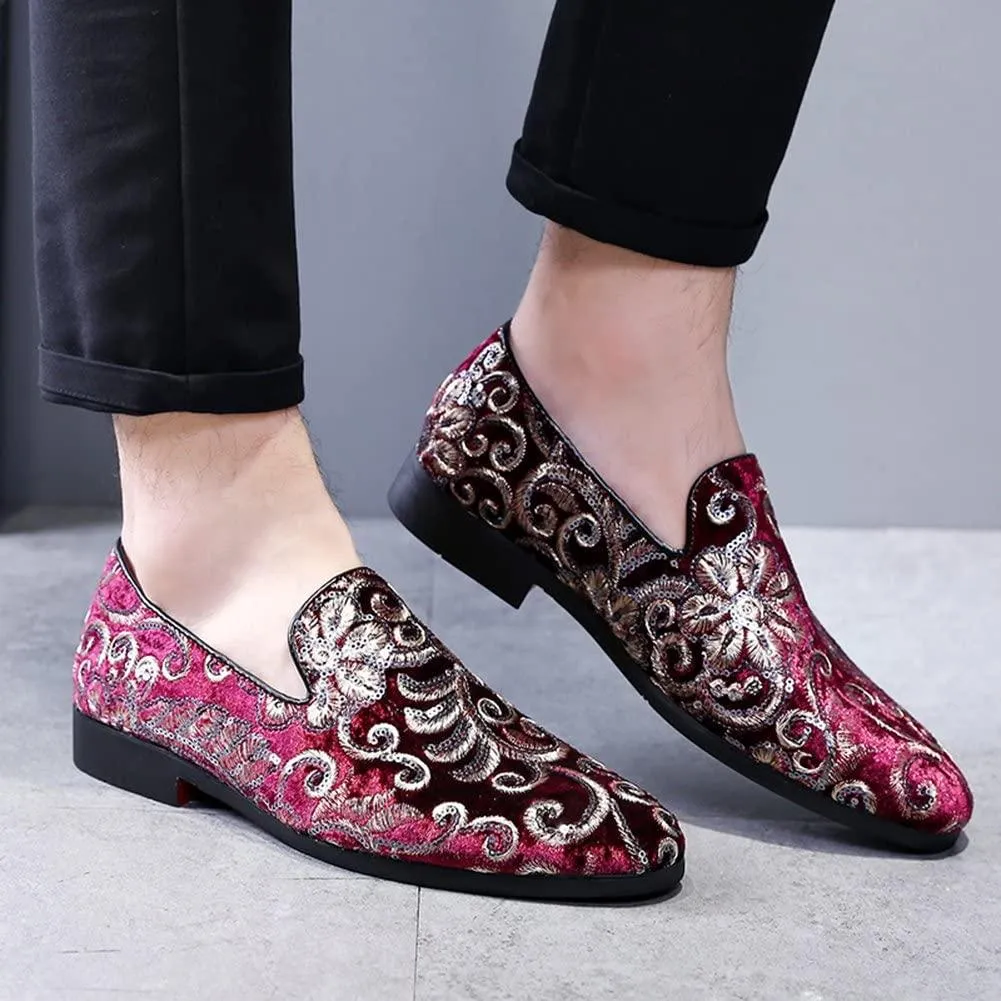 NXY Men's Loafers Velvet Sequins Embroidered Smoking Slippers