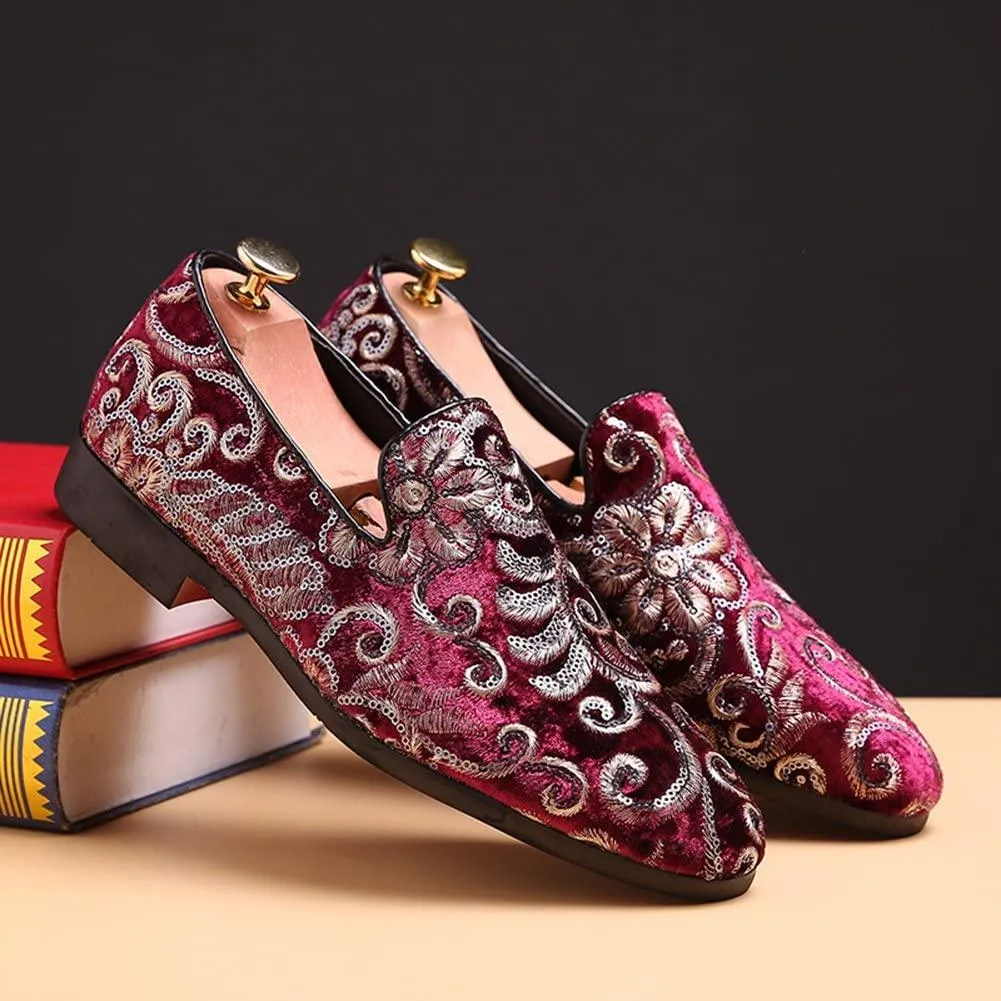 NXY Men's Loafers Velvet Sequins Embroidered Smoking Slippers
