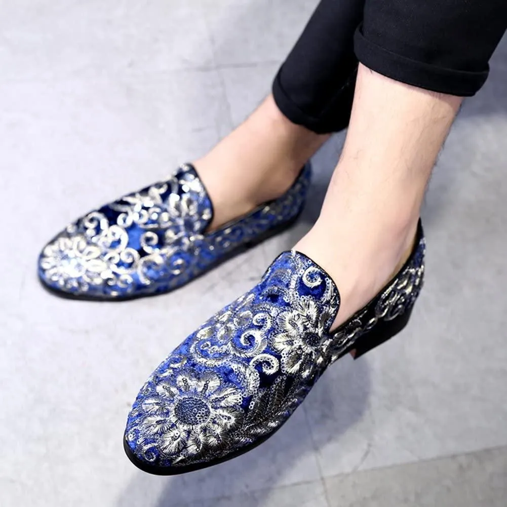 NXY Men's Loafers Velvet Sequins Embroidered Smoking Slippers