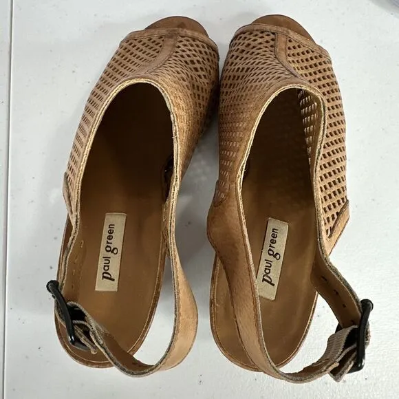 Paul Green Shoe Womens 6 Tan Leather Camel Perforated Lois Open Toe Sandal