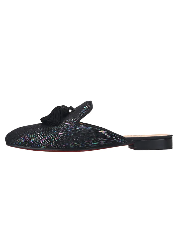 Piergitar summer breathable men's Mule slippers European and American style printed velvet tassel trendy slip-on shoes