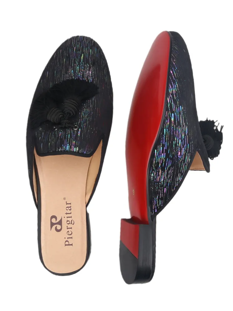 Piergitar summer breathable men's Mule slippers European and American style printed velvet tassel trendy slip-on shoes