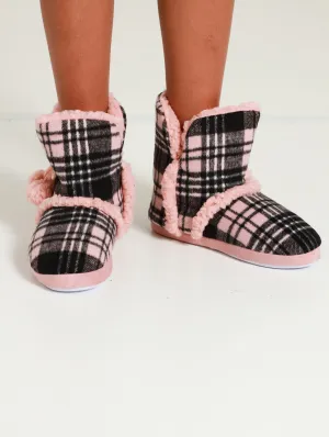 Plaid Fur Boot Slipper With Pom Poms