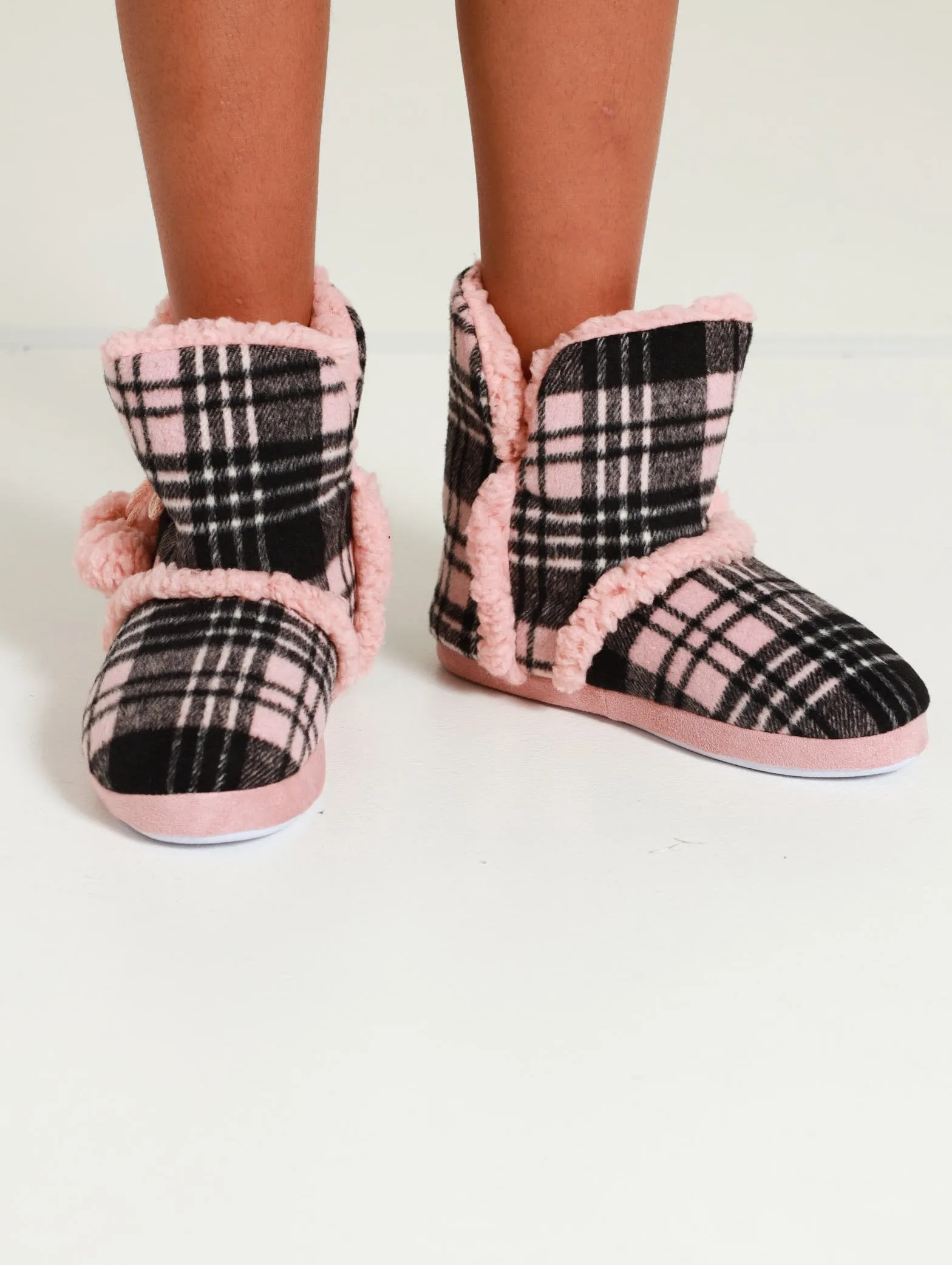Plaid Fur Boot Slipper With Pom Poms