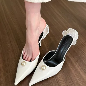 Pointed Pearl Half Slippers High Heel