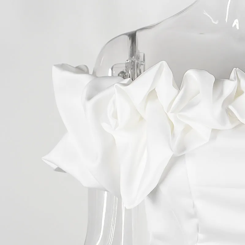 SATIN RUFFLE STRAPLESS DRESS IN WHITE