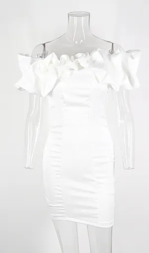 SATIN RUFFLE STRAPLESS DRESS IN WHITE