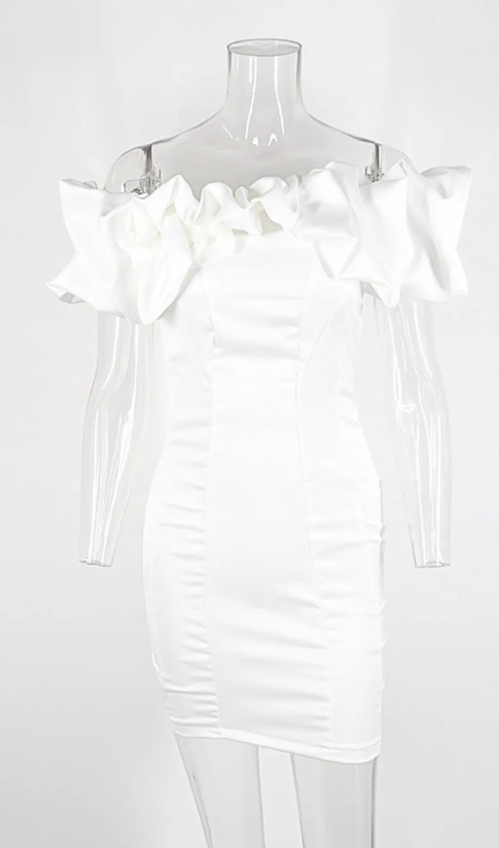 SATIN RUFFLE STRAPLESS DRESS IN WHITE