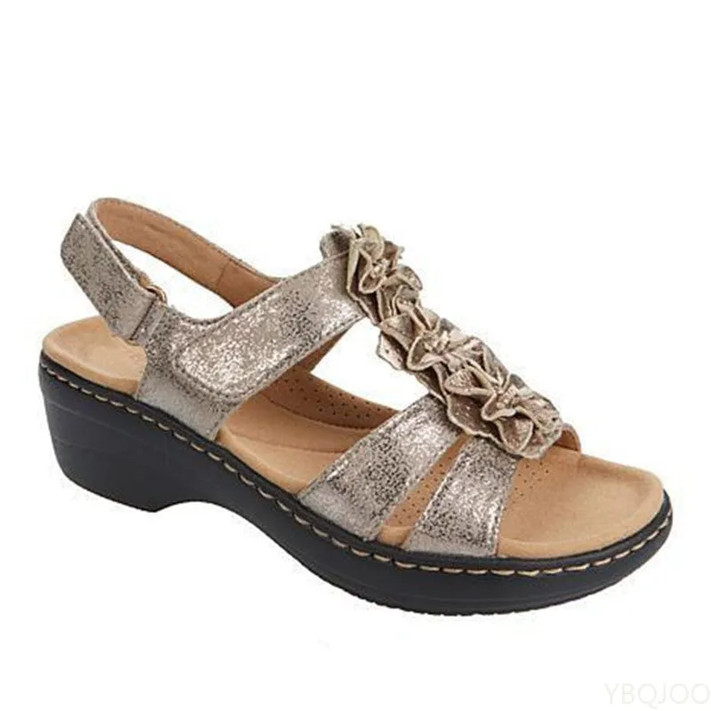Shoes Summer 43 Round Toe Flower Velcro Sandals Wedge Roman Sandals Leather Sandals Sandals