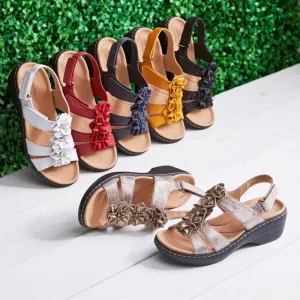 Shoes Summer 43 Round Toe Flower Velcro Sandals Wedge Roman Sandals Leather Sandals Sandals