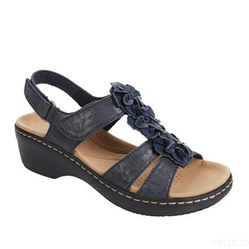 Shoes Summer 43 Round Toe Flower Velcro Sandals Wedge Roman Sandals Leather Sandals Sandals