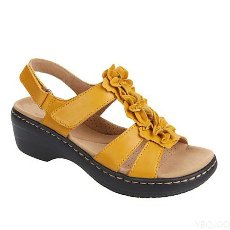Shoes Summer 43 Round Toe Flower Velcro Sandals Wedge Roman Sandals Leather Sandals Sandals