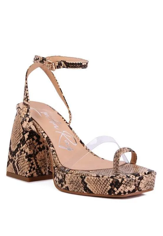SUCH FLIRT SNAKE PATTERN BLOCK HEELED SANDALS