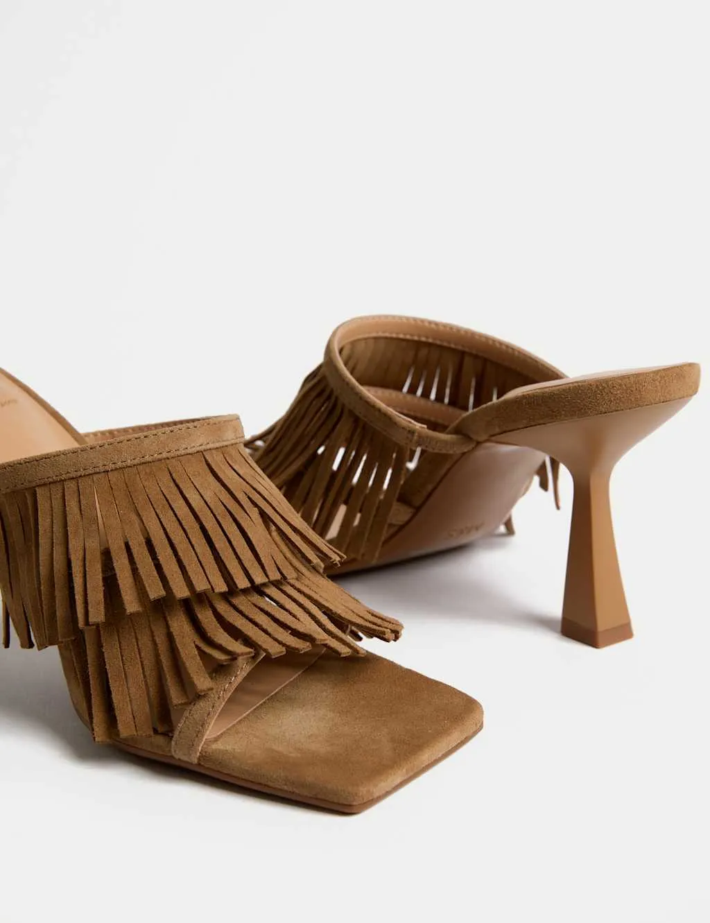 Suede Fringed Slip On Stiletto Heel Mules