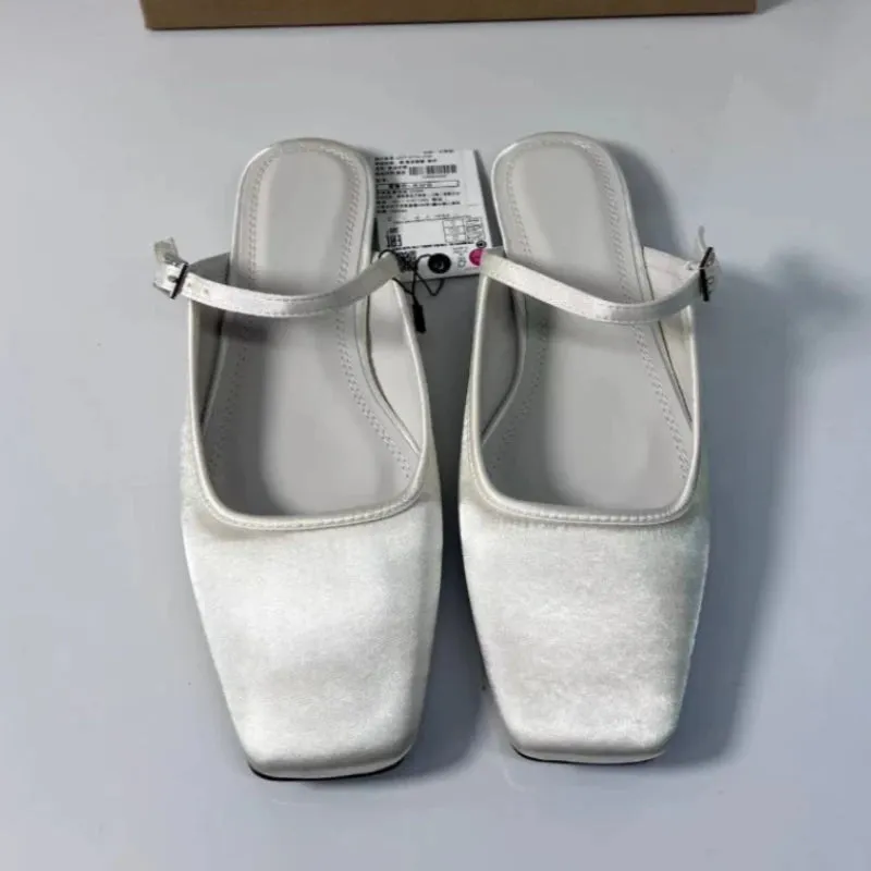 Summer Flat Sandals Woman 2025 New Square Toe Buckle Strap Breathable Satin Leisure Slingbacks Chic Mules Shoes for Ladies