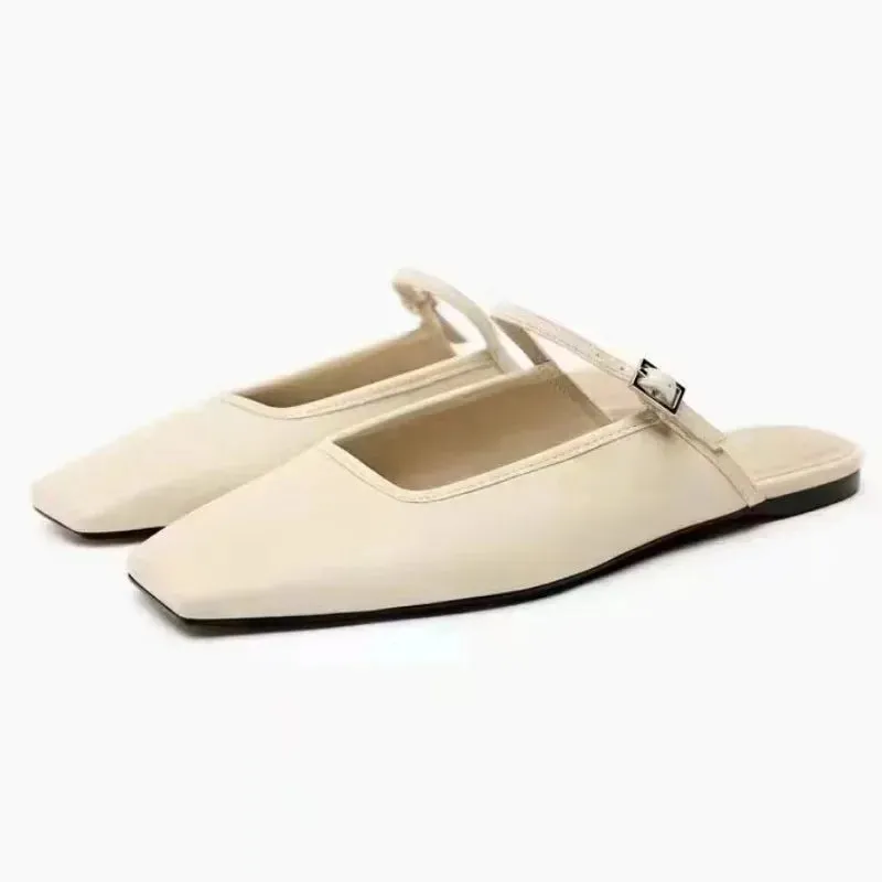 Summer Flat Sandals Woman 2025 New Square Toe Buckle Strap Breathable Satin Leisure Slingbacks Chic Mules Shoes for Ladies
