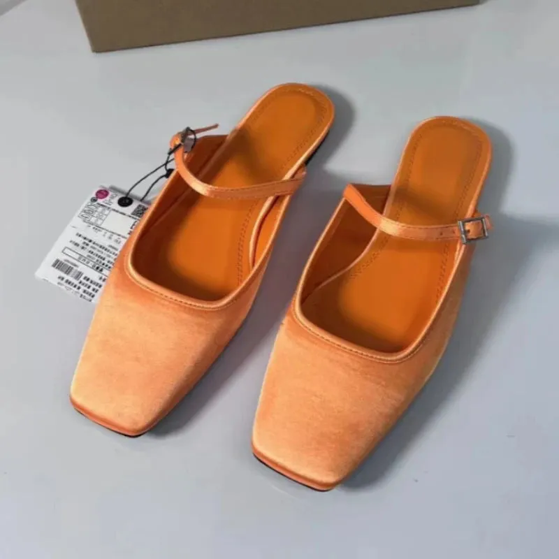Summer Flat Sandals Woman 2025 New Square Toe Buckle Strap Breathable Satin Leisure Slingbacks Chic Mules Shoes for Ladies