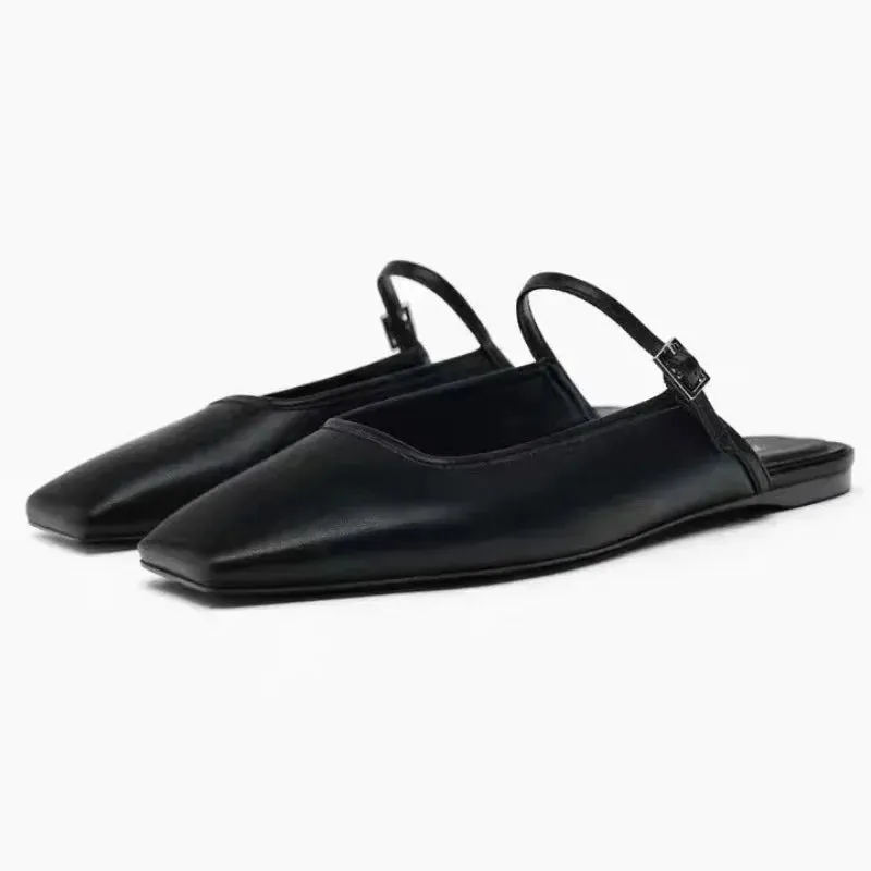 Summer Flat Sandals Woman 2025 New Square Toe Buckle Strap Breathable Satin Leisure Slingbacks Chic Mules Shoes for Ladies