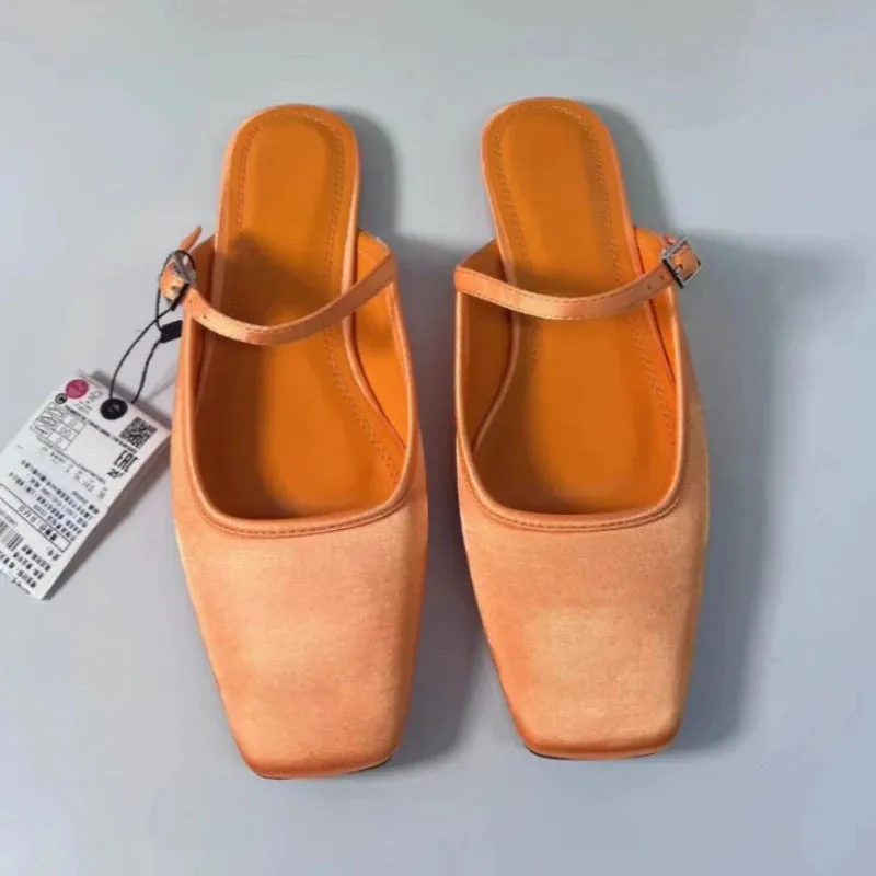 Summer Flat Sandals Woman 2025 New Square Toe Buckle Strap Breathable Satin Leisure Slingbacks Chic Mules Shoes for Ladies