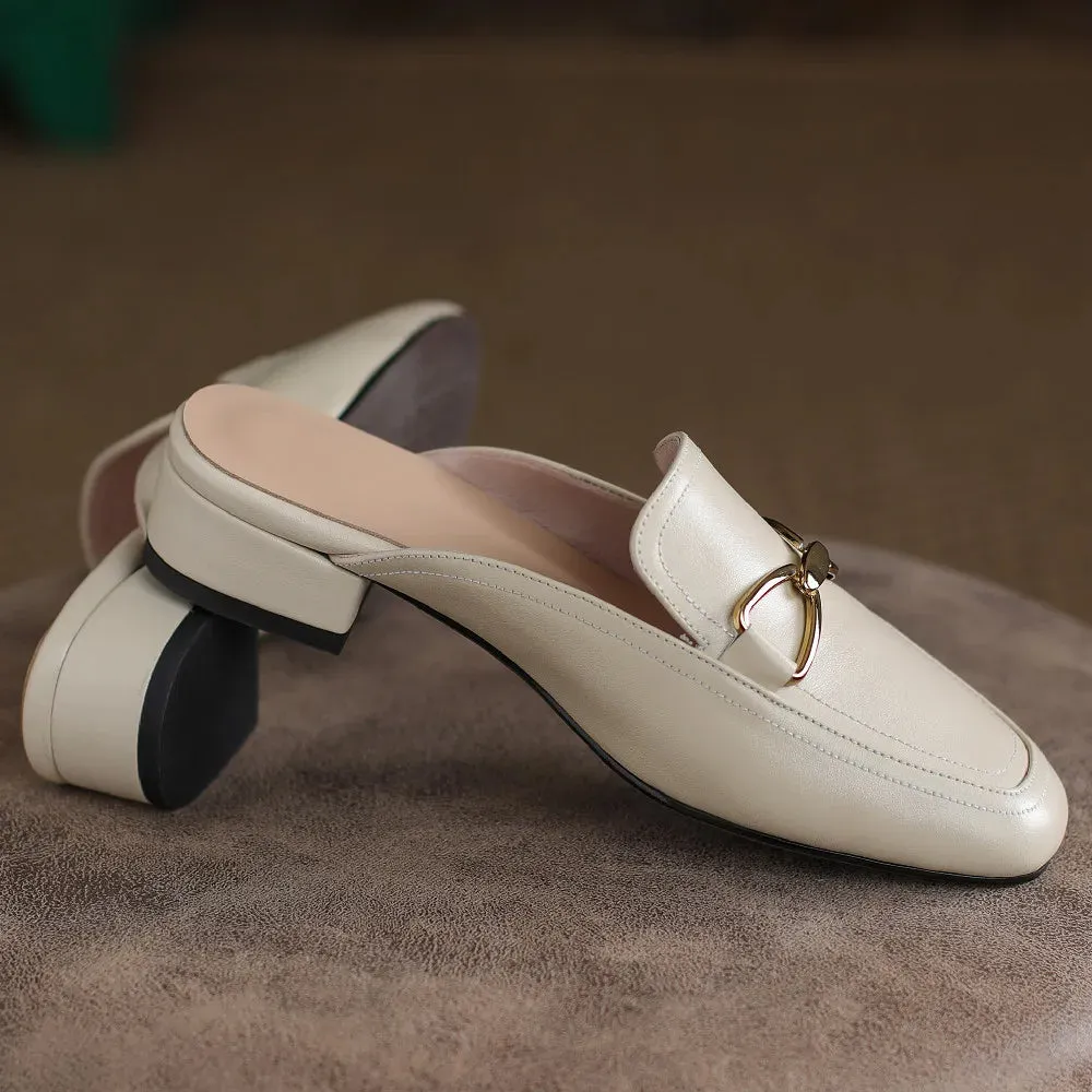 Women's Genuine Leather Square Toe Flats – Slip-On Mules | Soft & Comfortable Summer Slides, Casual Sandals for Women