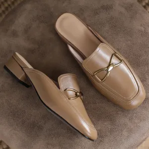 Women's Genuine Leather Square Toe Flats – Slip-On Mules | Soft & Comfortable Summer Slides, Casual Sandals for Women