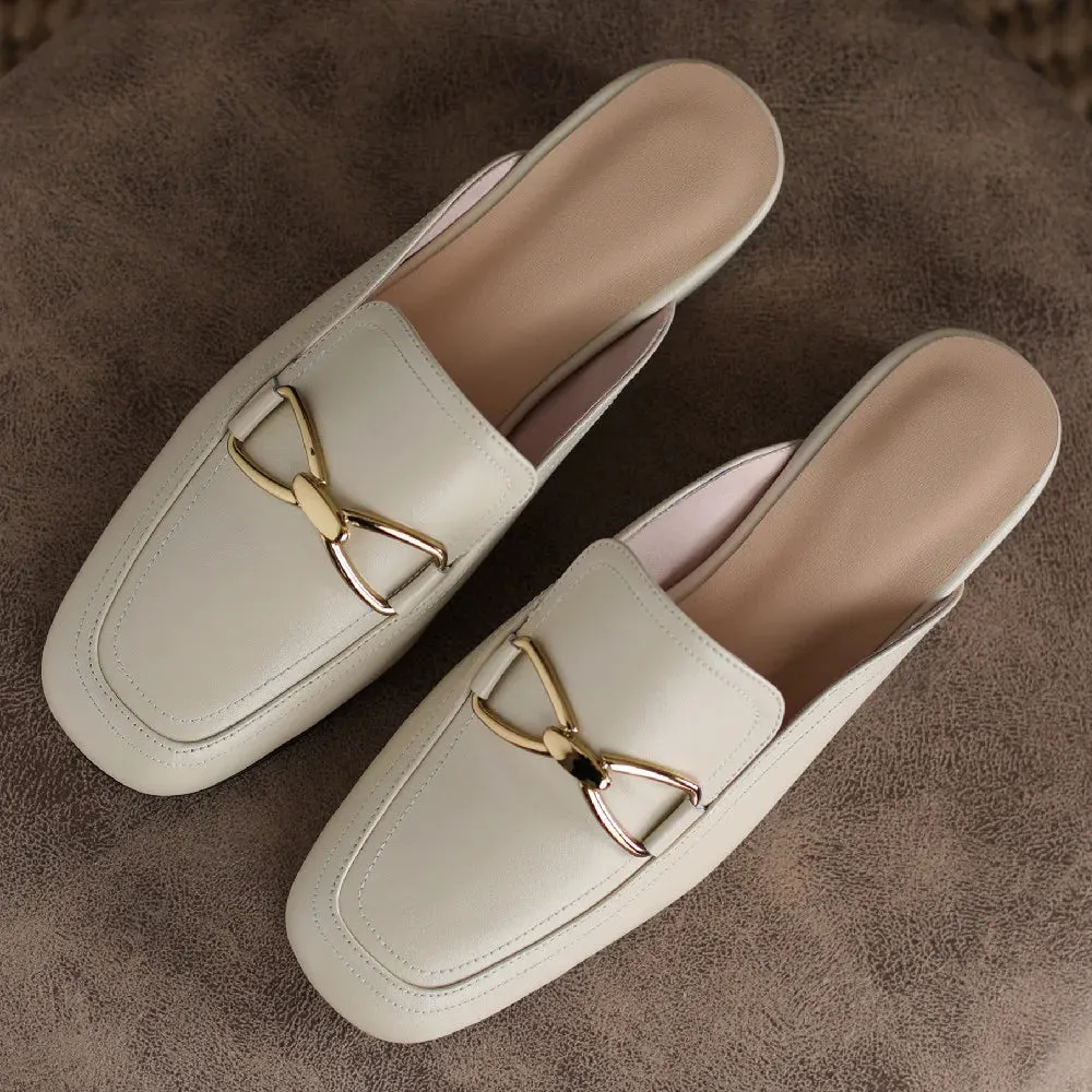 Women's Genuine Leather Square Toe Flats – Slip-On Mules | Soft & Comfortable Summer Slides, Casual Sandals for Women