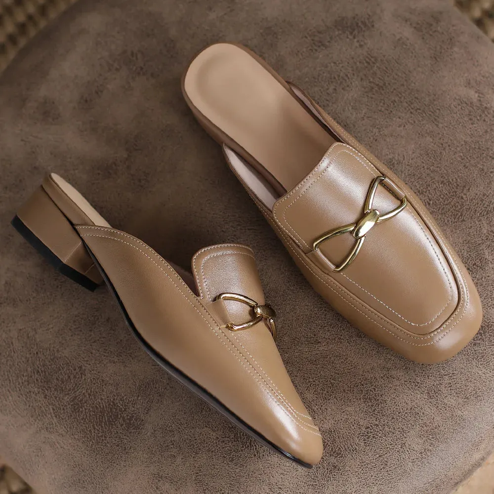 Women's Genuine Leather Square Toe Flats – Slip-On Mules | Soft & Comfortable Summer Slides, Casual Sandals for Women