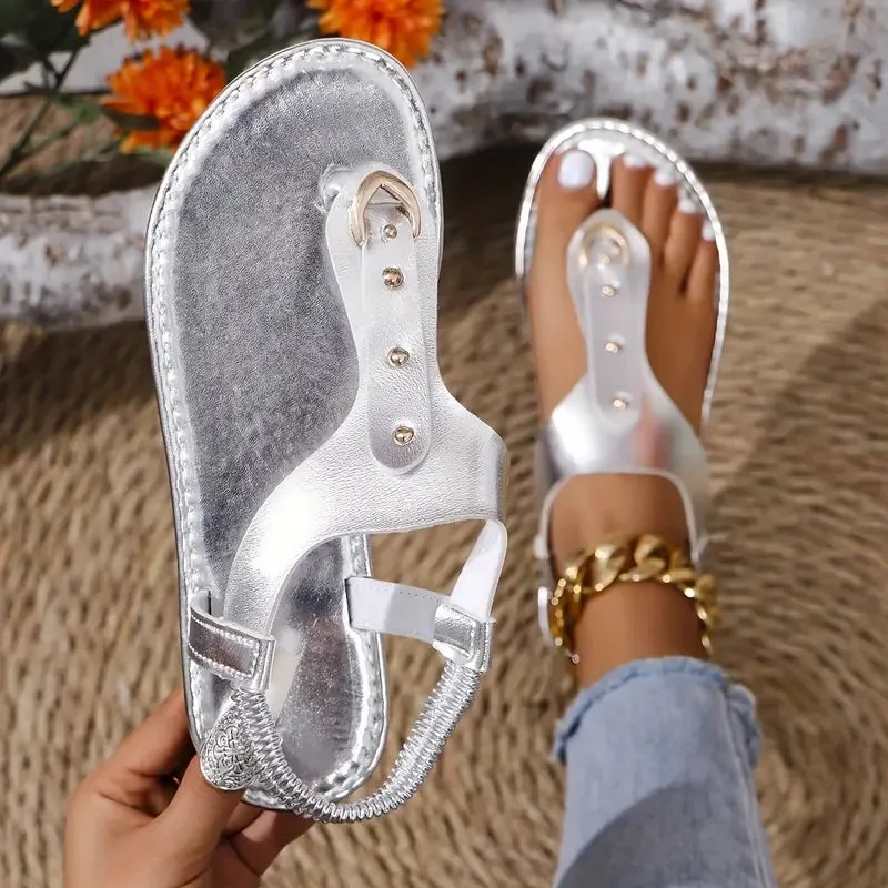 Women's Slip-On Beach Sandals - Ring Buckle Flat Sandals