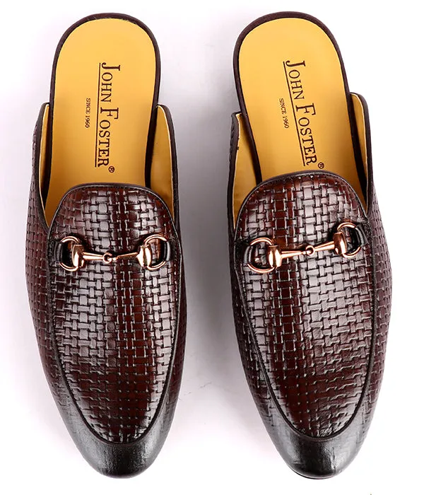 Woven John Foster Horsebit Leather Mules|Coffee